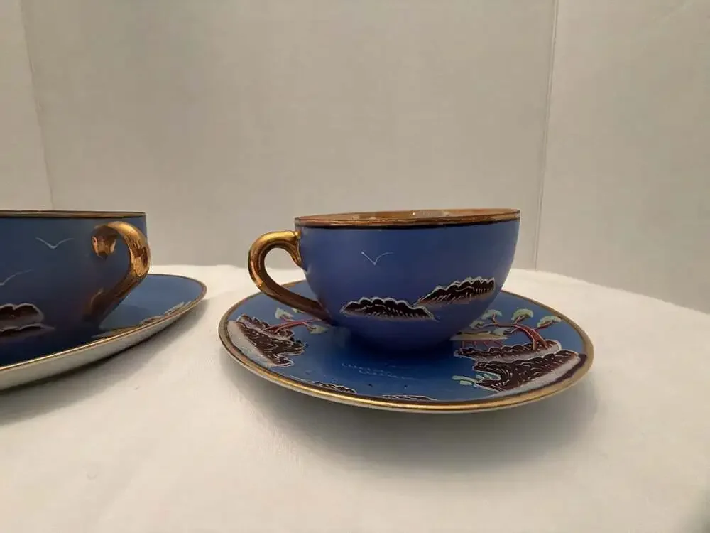Hinode Cup & Saucer Set Blue Japanese Pagoda Moriage